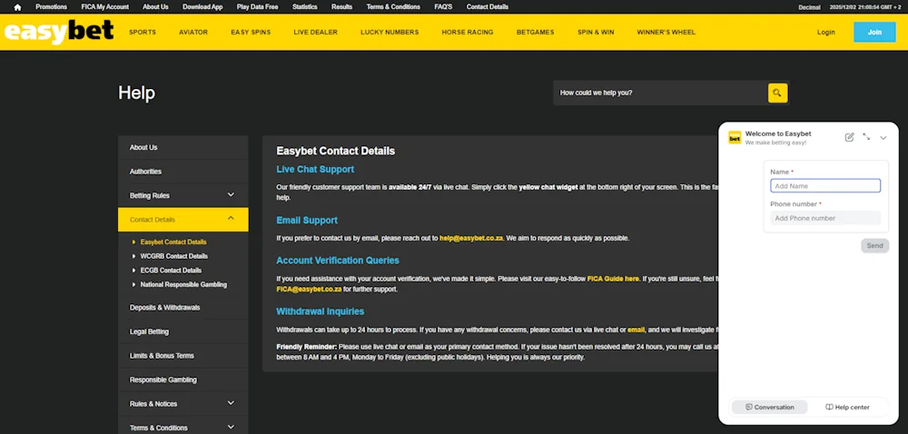 easybet Contact details and chat-support Screenshot